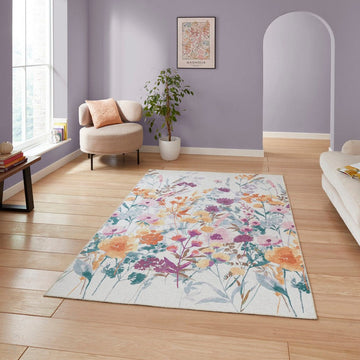 Washable Catherine Lansfield Country Floral Lightweight Printed Polyester Flatweave Cream/Yellow/Coral/Lilac Rug-Think Rugs-Rug Love - The Most Loved Rug Store